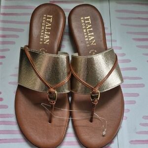 Italian Shoemakers Gold and Brown Sandals with Crossed Straps